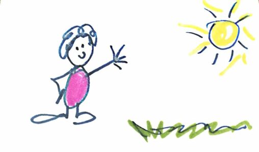 Stick figure wearing pink, smiling and waving, standing on grass under the sun