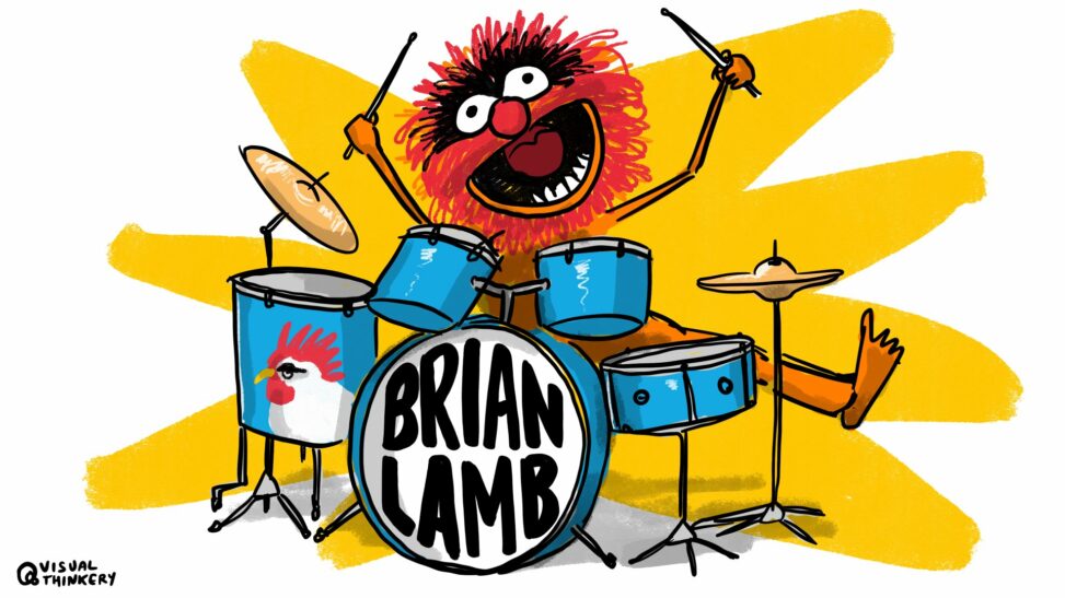 Image of animal from Muppets with name brian lamb on drumkit