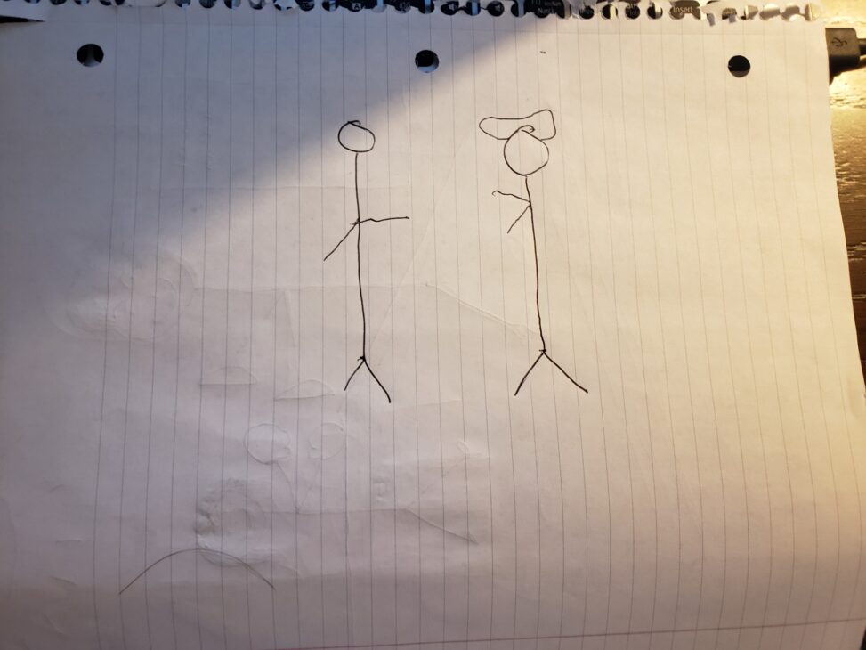 Stick figure dad wearing his favorite hat standing across stick figure me as I\'m asking dad if he was born into the world as an adult.