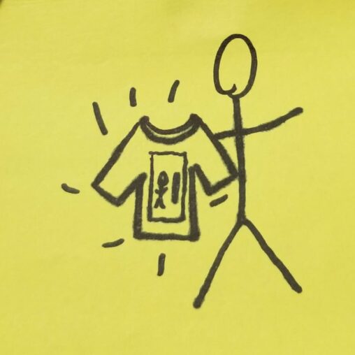 Stick figure holding t-shirt with a stick figure and portal on it