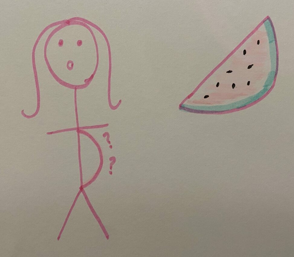 stick figure is shocked and a watermelon with seeds