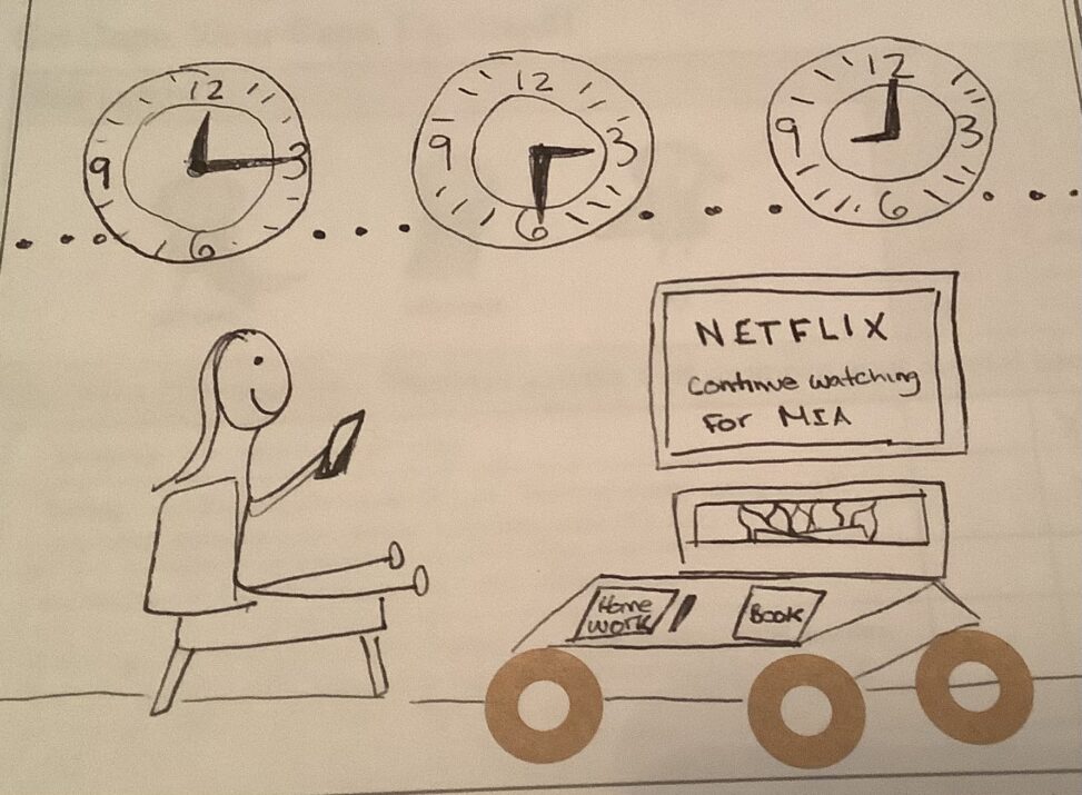 Girl sitting on couch, phone in hand, table in front of girl with homework aand books, application ‘Nextflix’ displayed on TV screen above the fireplace and 3 clocks displaying the whole day going by