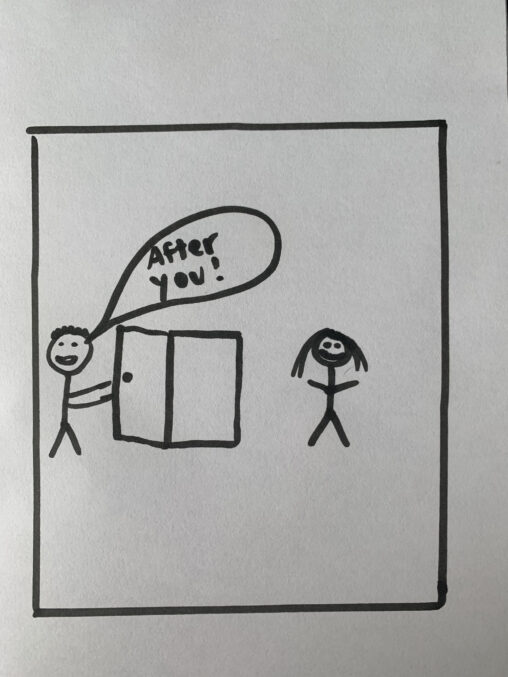 This comic shows a stickman holding open a door, and there is a speech bubble above his head that reads, \