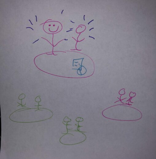 Stick figure people dining at a restaurant and a stick figure waiter bringing the bill to one of the tables