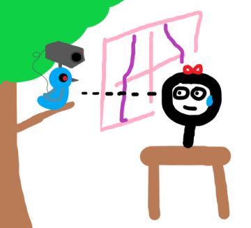 Young Girl Stick Figure with red bow making eye contact with robotic blue camera bird.