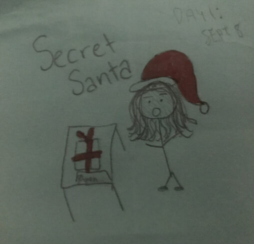 Stick figure girl with a Santa hat with her facial expression being her mouth wide open because she is shocked as she saw a surprise present on her table.