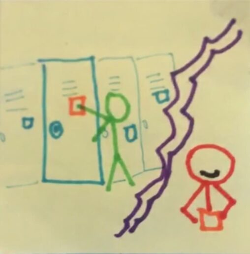 a stick figure places sticky note on a blue locker, page breaks to show a different stick figure smiling at the sticky note