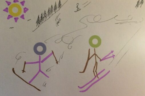 Two stick figure skiers, one laying on the snow after a crash, the other skiing towards the first, on a mountain on a sunny day.