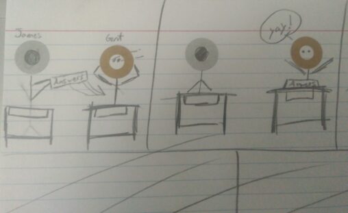 Two stick figures sit in desks, side by side. One passes answers to the other.