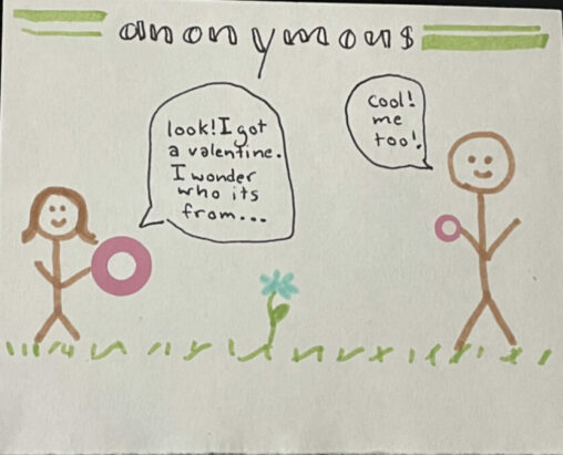 Two stick figures are standing in green grass, each with a pink valentine in their hand. There is a blue flower between the two stick figures. One stick figure has a speech bubble that says, \