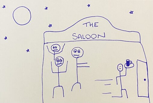 Under a full moon and stars. Three swirly-eyed stick patrons face a stick figure who is running towards an exit door while holding a beer on a tray.
