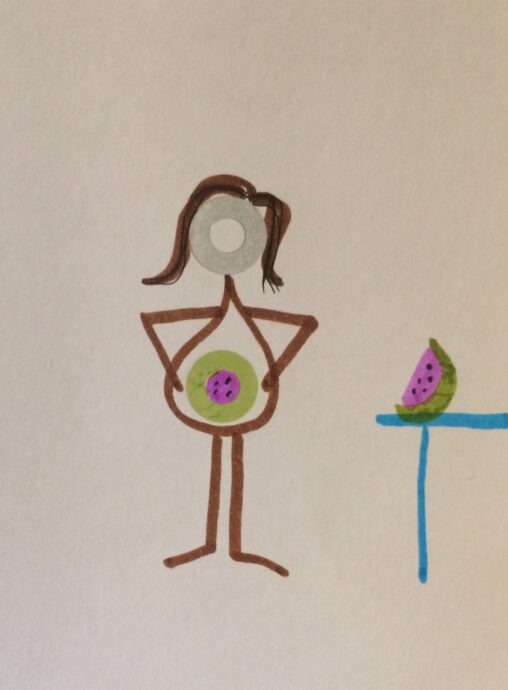 Stick person standing with watermelon in belly. Slice of watermelon sitting on table.