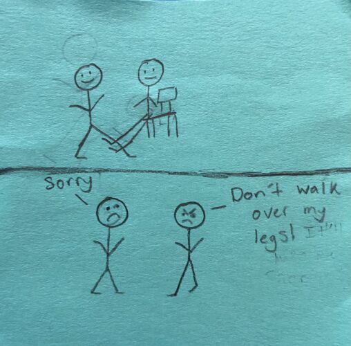 stick figure walking over a sitting persons legs. Sitting person is mad at walking person for going over sitting persons legs.