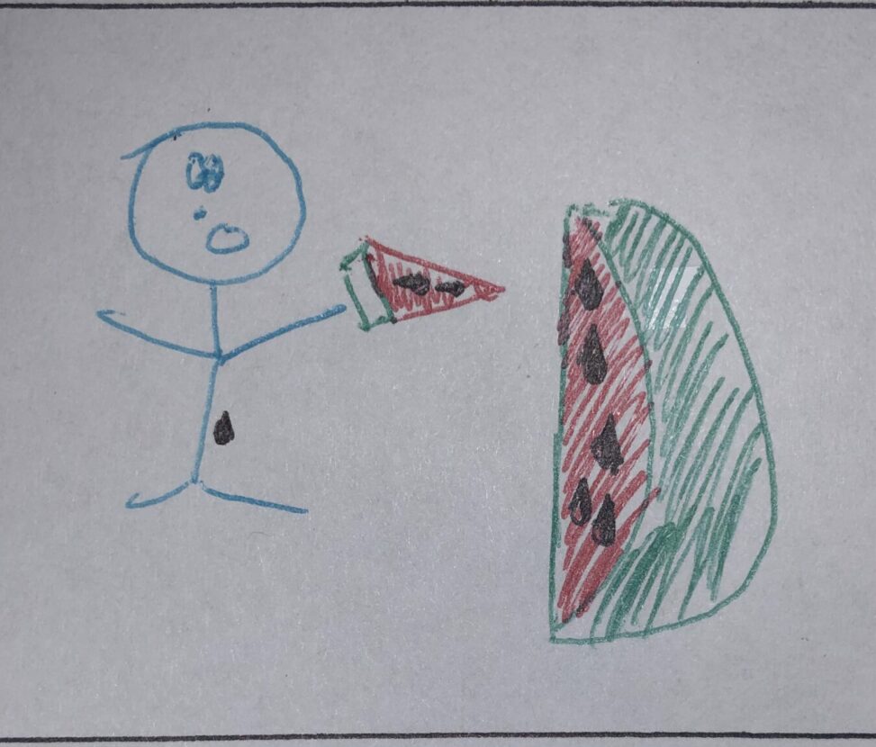Stick figure child eating a cut up of piece of watermelon on a summer day.