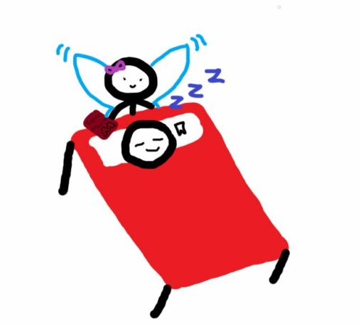 Stick Figure Girl with purple bow posing as the tooth fairy giving a gift to a sleeping child in a red bed.