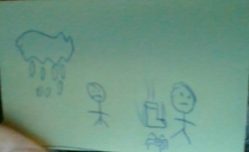 From Right to Left. Human standing over a spider with boot coming down on spider, another person near them being sad, and a rain cloud over all of them,
