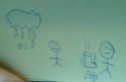 From Right to Left. Human standing over a spider with boot coming down on spider, another person near them being sad, and a rain cloud over all of them,