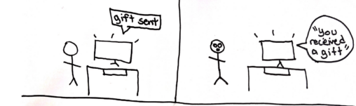 2 stick figures sitting at home at their desktops playing video games, while left one sends a gift of a video game to the one the right.