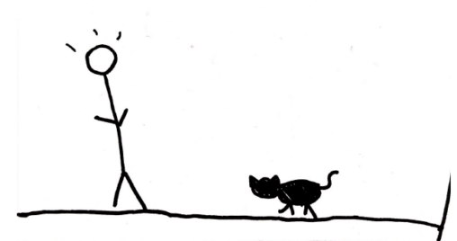 Stick figure is surprised after seeing a black cat walk in its path.