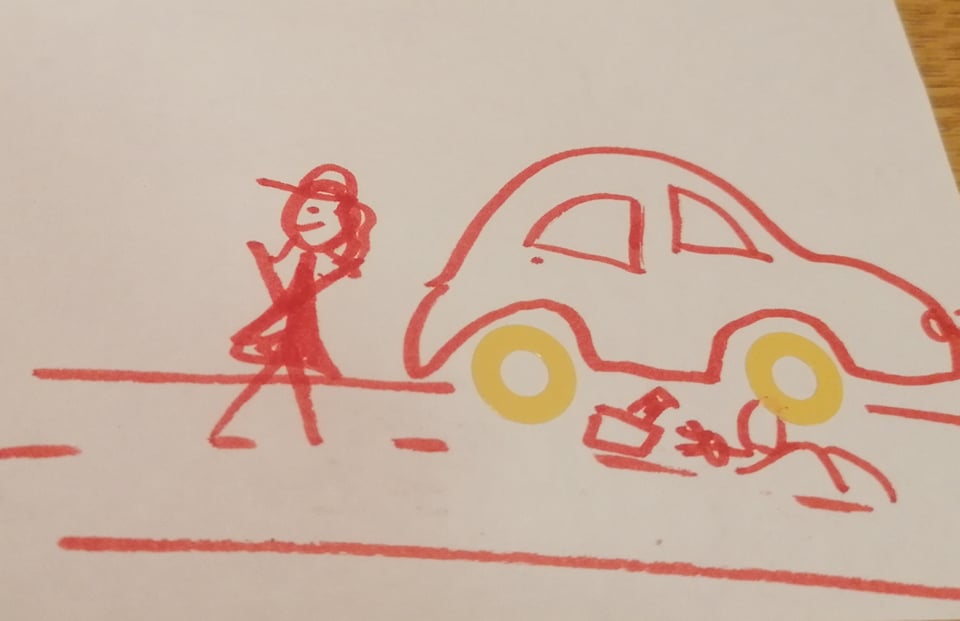 Stick figure person walking away from the car. Another stick figure person picking up the other persons wallet.