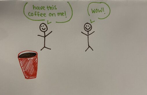 Two stick figure people facing each other, one has a cup of coffee.