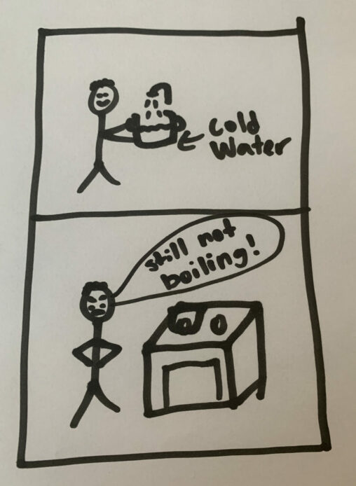 The top section shows a stick figure filling up a pot with cold water. The bottom section shows a stick figure staring at the stove angry that the water is not boiling yet.