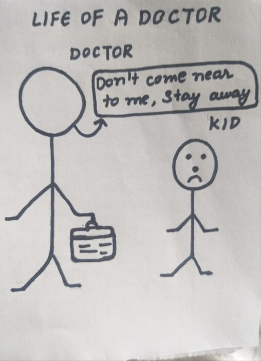 The stick figure above shows the picture of a doctor whose child try to come near him, but doctor refuses to do so because of Covid.