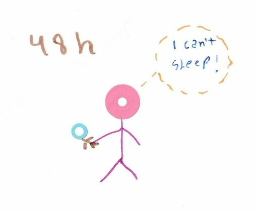 One stick figure holding a stick figure of a newborn baby, a number 48 written on the top of the comic and a bubble thought coming from a mom stick figure saying \