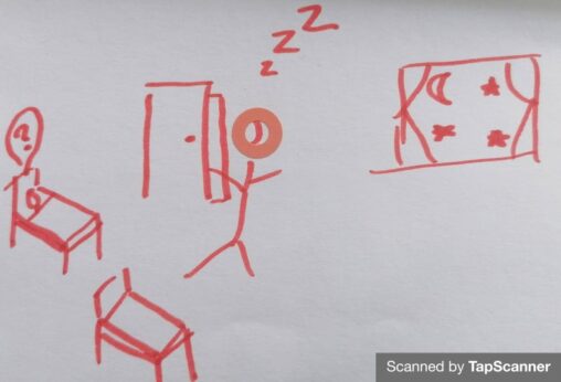 A stick figure in bed and another sleepwalking coming back into the room