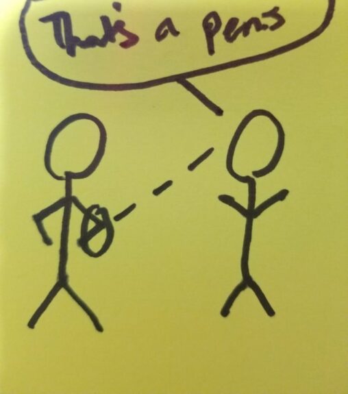 Two stick figures, one has his elbows out while the other describes what he sees.