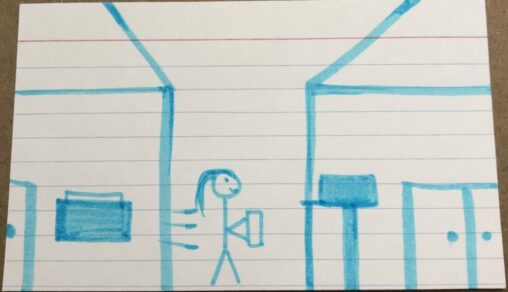 a stick figure girl with a mailbox and two houses behind her