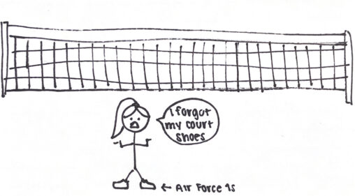 Stick figure girl in a gymnasium wearing Air Force 1s with a volleyball net behind her