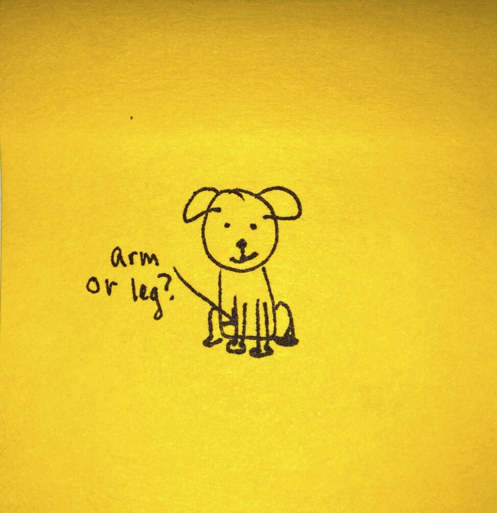 A dog with an arrow pointing to its leg saying "arm or leg?"