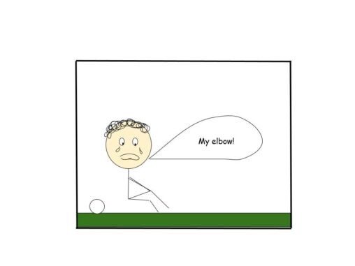 A stickman is sitting on a soccer field, holding his knee in pain. There is a speech bubble that reads, \