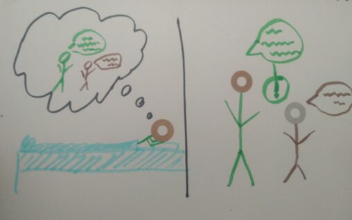 In the first panel, a stick figure dreams about a conversation with another figure. The next panel shows the figure having a conversation with the same figure, the alarms the first figure.