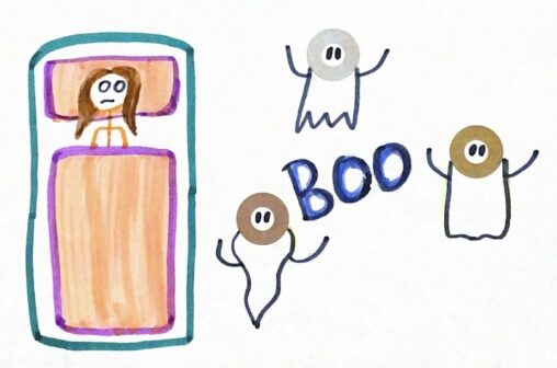 Stick figure person hearing unusual noises and seeing strange figures, causing her to believe there are ghosts in her room.