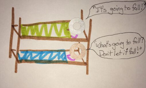 Two people asleep in a bunk bed. Speech bubble from top bunk sleeper reads: \