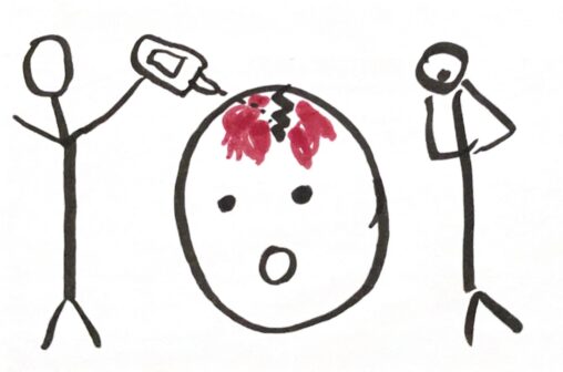 large stick figure head in the middle with a surpised expression, a crack and blood on the top of their head. Two stick figures beside, one holding a bottle of glue