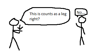 Two stick figures talking to each other with one of them asking the other if their leg counts as an arm.