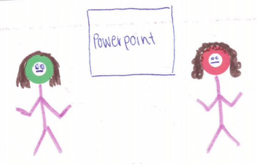 2 stick figure people giving powerpoint presentation