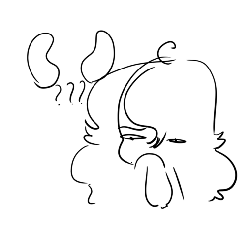 A person, hand lifted to their mouth in thought. Kidney-shaped objects are in the background, above question marks.