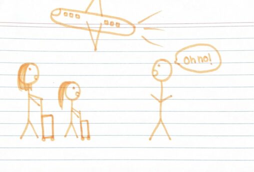 three stick figure people, a plane and two bags of luggage