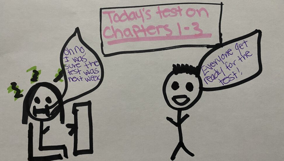 Stick figure at school in their class sitting at their desk waiting for class to begin. Also a stick figure representing the teacher telling the students to get ready for the test.
