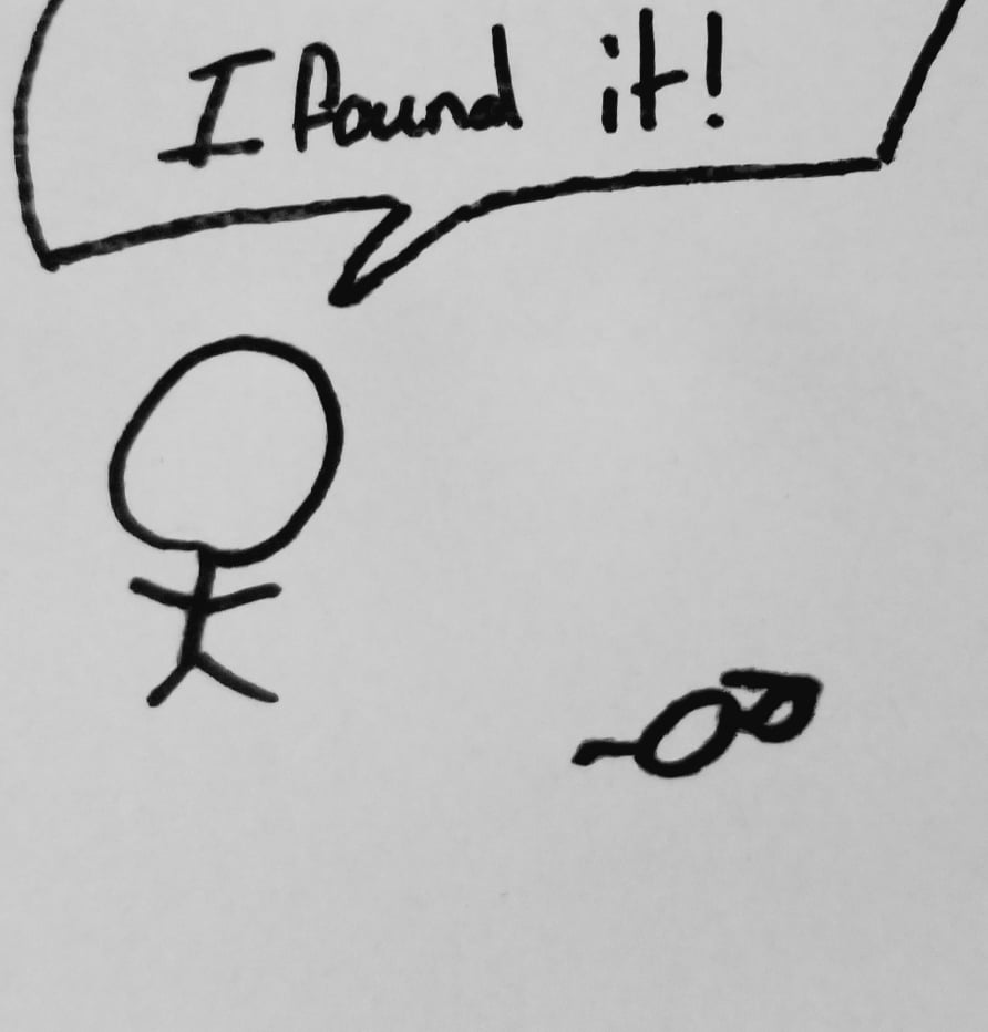 A stick figure stands over a pair of glasses and shouts I found it!