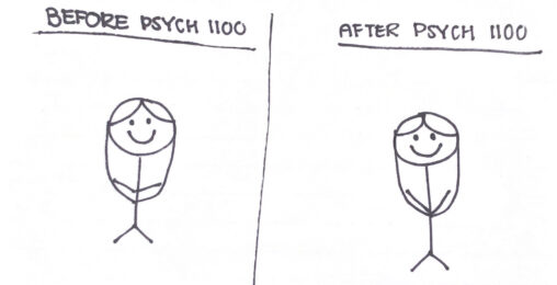 On the left side, a stick figure girl has a big smile across her face. On the right side, a stick figure girl also has a big smile across her face