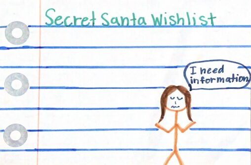Stick figure person shrugging, as there is a lined sheet of paper as the background representing an empty Wishlist for Secret Santa.