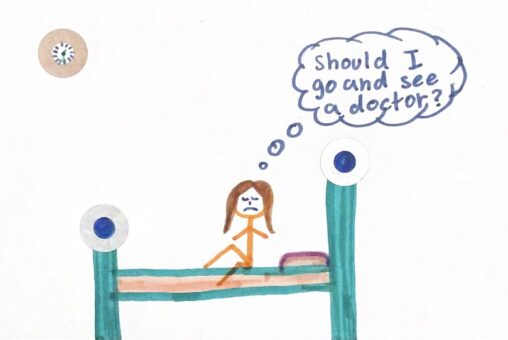 Stick figure person sitting on her bed with one leg up as it is in pain. She is deciding if she should go to a doctor to get a check up.