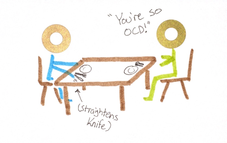 Two stick figures sitting at a dinner table. Stick figure on left is straightening their knife and the other one is saying, \