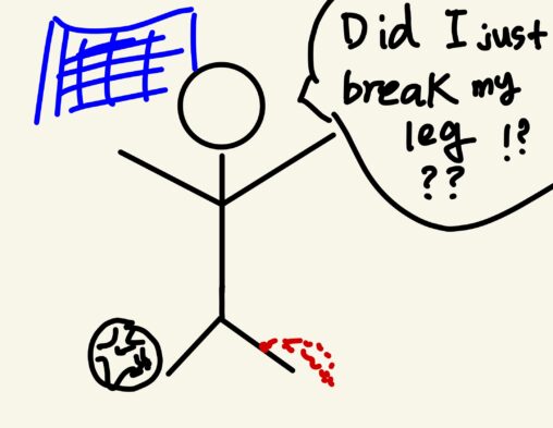 A stick figure bleeding out and thinking that she broke her bone on the soccer field.