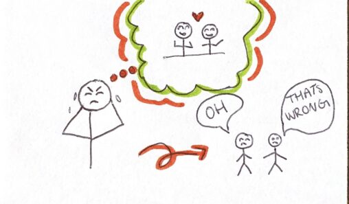 A stick figure imagines two people sitting together with a heart above their heads. An arrow also shows two stick figures saying, \